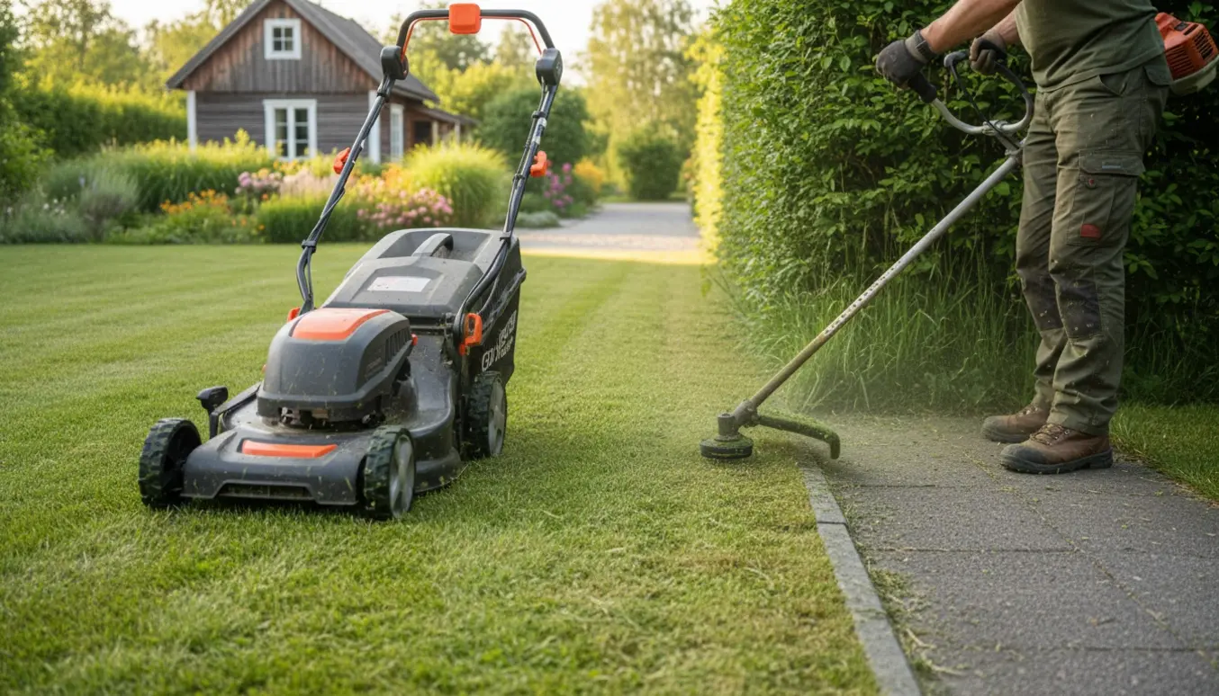Nærbillede af græsslåning og kanttrimning ved et sommerhus med nyslået græs og en skarp kant langs fortovet.
