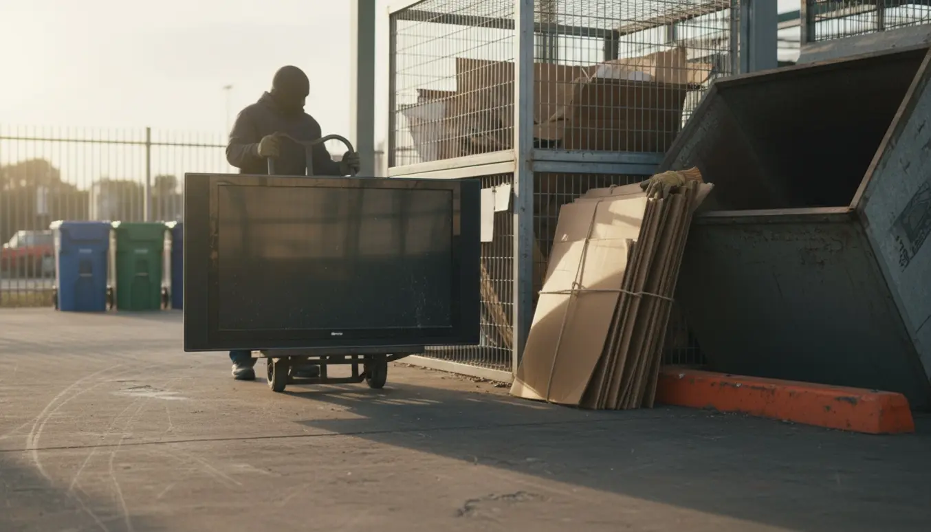 En gammel fladskærm på sækkevogn og sammenfoldede papkasser afleveres ved en genbrugsplads.