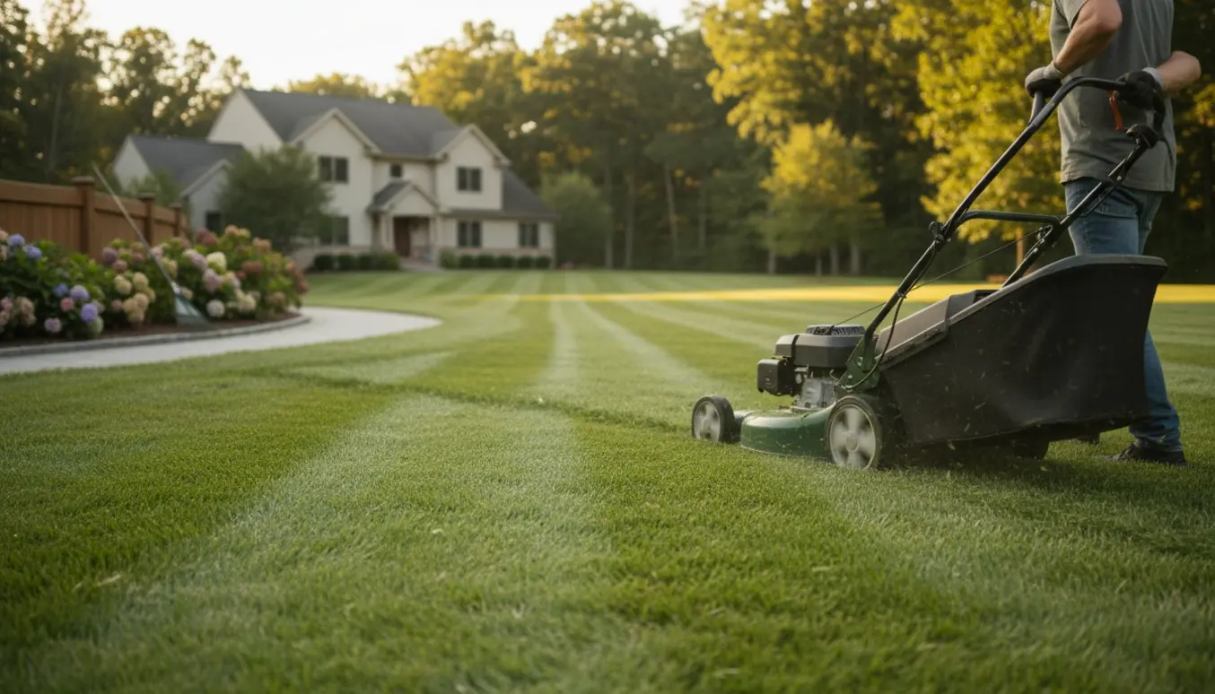 En person klipper en stor plæne med en kraftig plæneklipper og synlige friske striber i græsset.