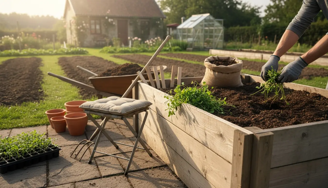 Hænder fjerner ukrudt fra et højbede og forbereder en nyttehave med redskaber og små planter.