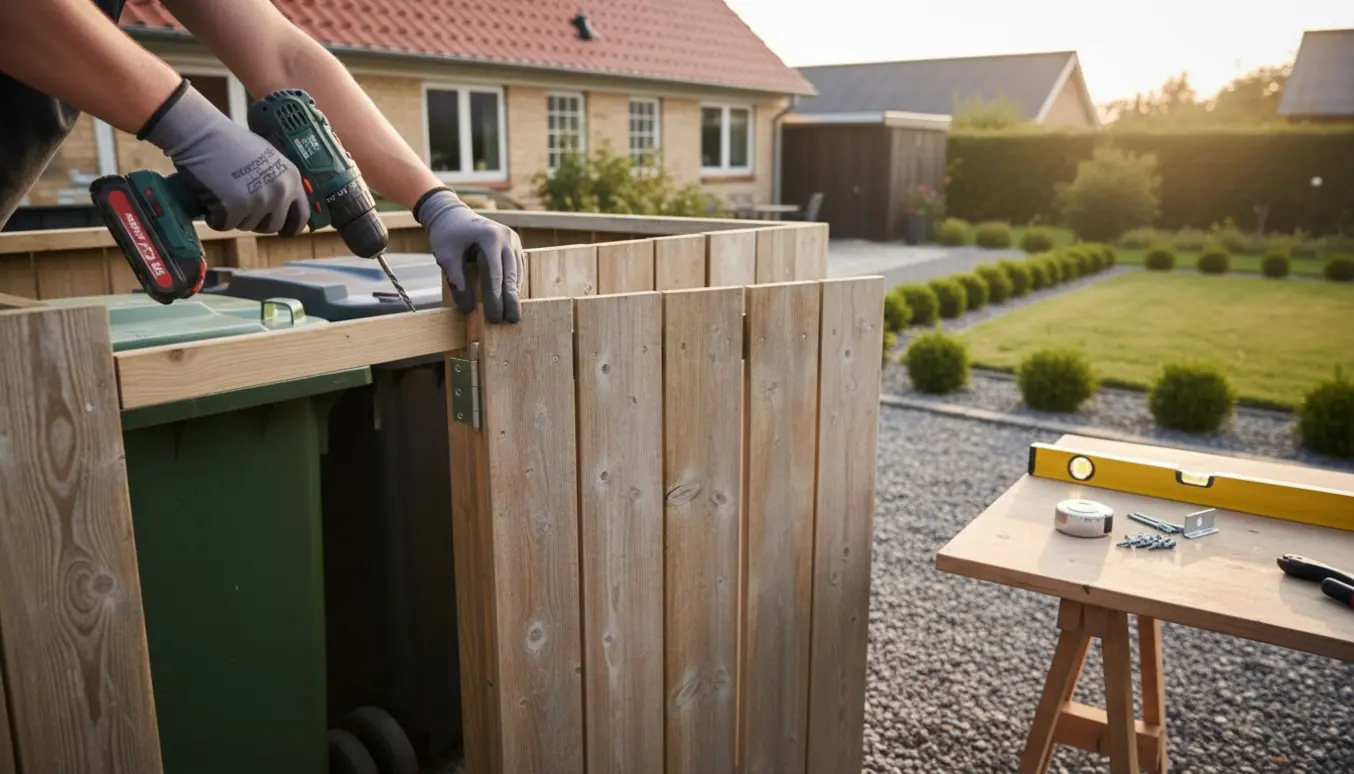 Installatører monterer en træskjuler omkring to skraldespande i en forhave.