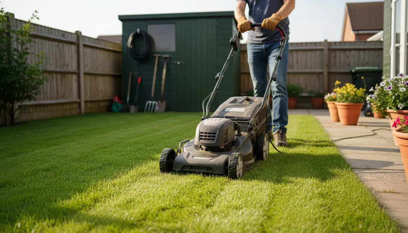 Person slår græs med en elektrisk plæneklipper i en lille, velplejet baghave.
