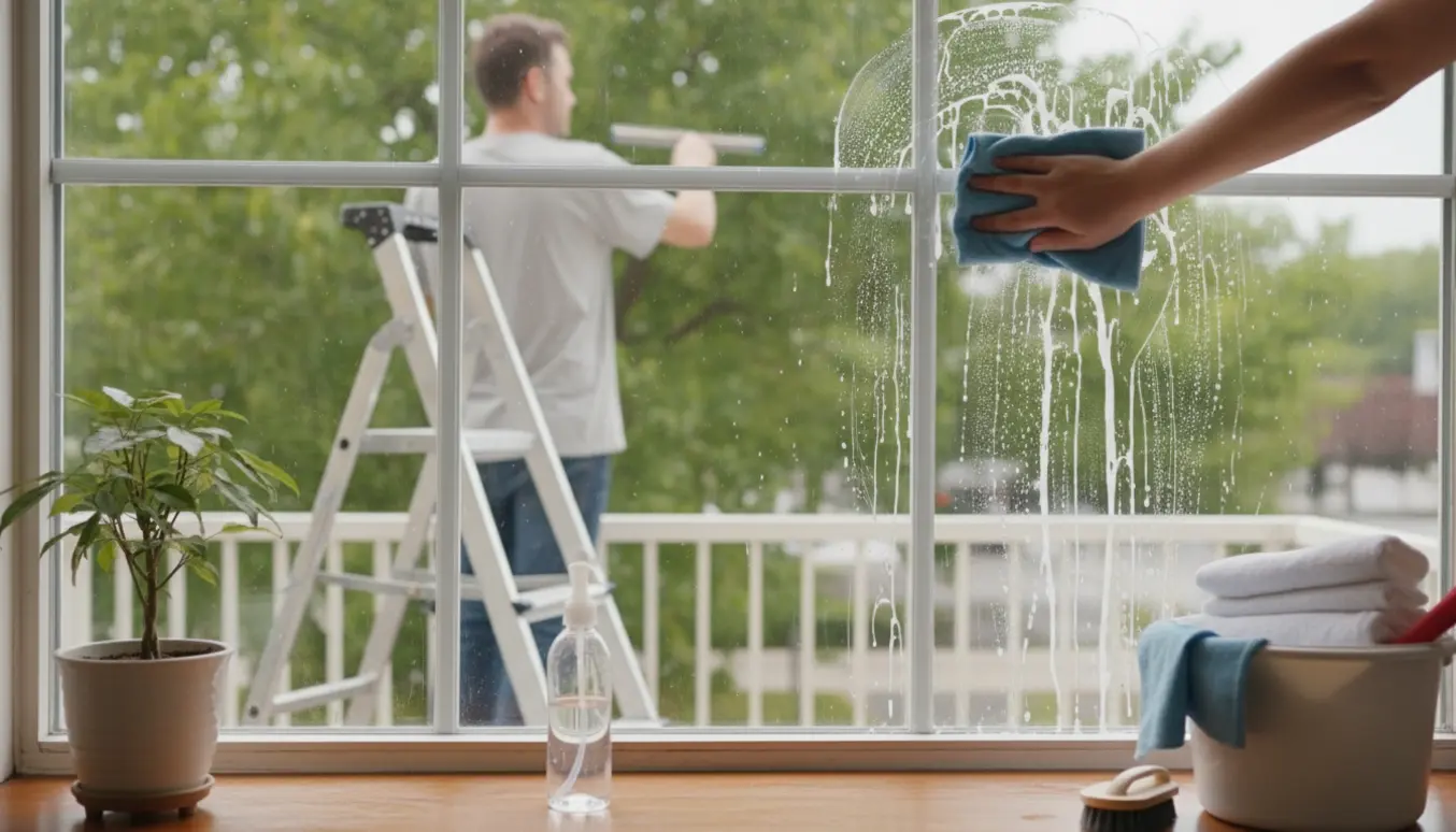 Vinduer pudses fra både inde og ude med klud, sæbe og vinduesskraber i en lejlighed på 2. sal.