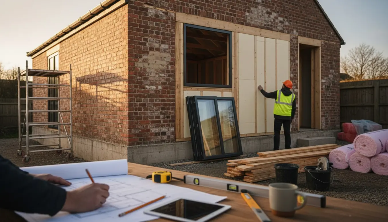 Gammel murstensgarage under ombygning til anneks med værktøj og byggetegninger på et arbejdsbord.