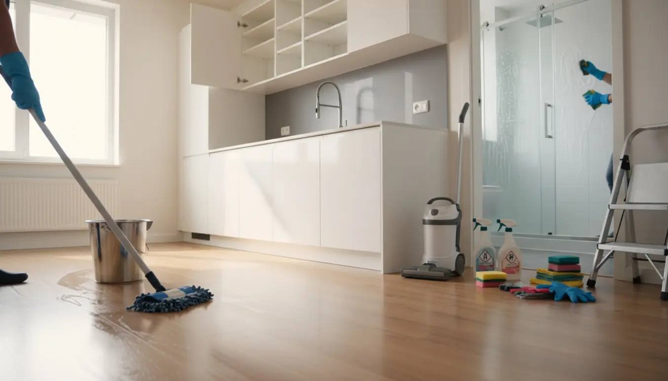 Hænder rengør en lejlighed ved udflytning med moppe, spand og klud, mens skinnende skabe og bruseglas vises.