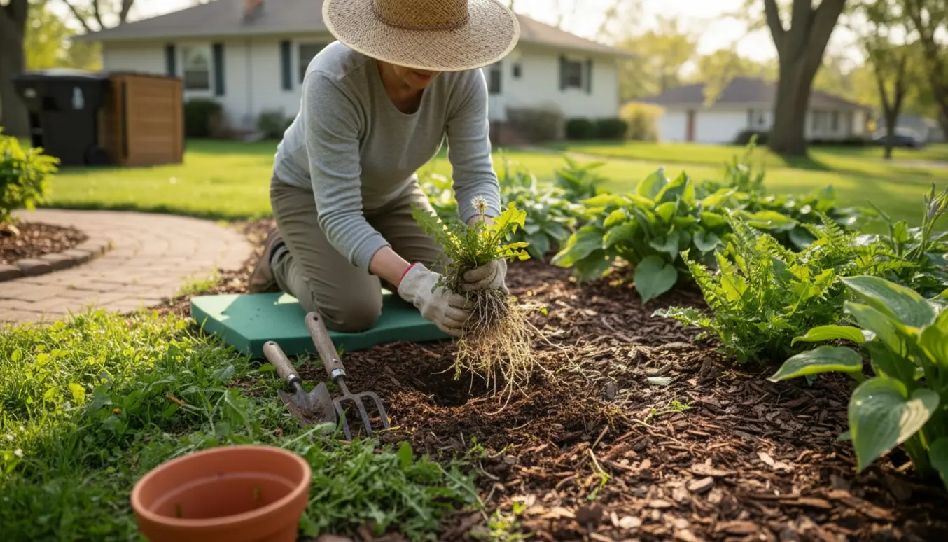 Hænder trækker ukrudt op af et bed i en parcelhushave med haveredskaber og en lille bunke ukrudt.