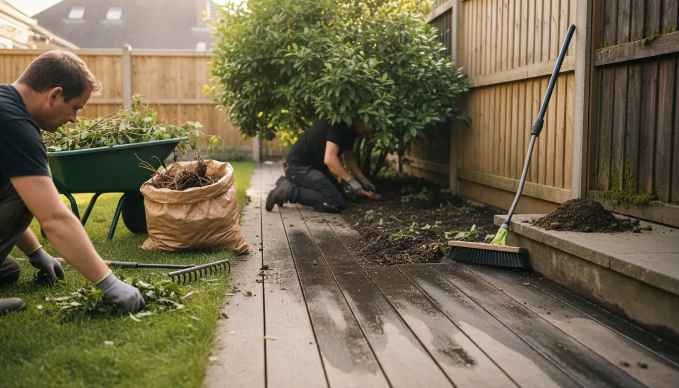 Person renser fliser, fjerner ukrudt og samler haveaffald på en terrasse ved et træhegn.
