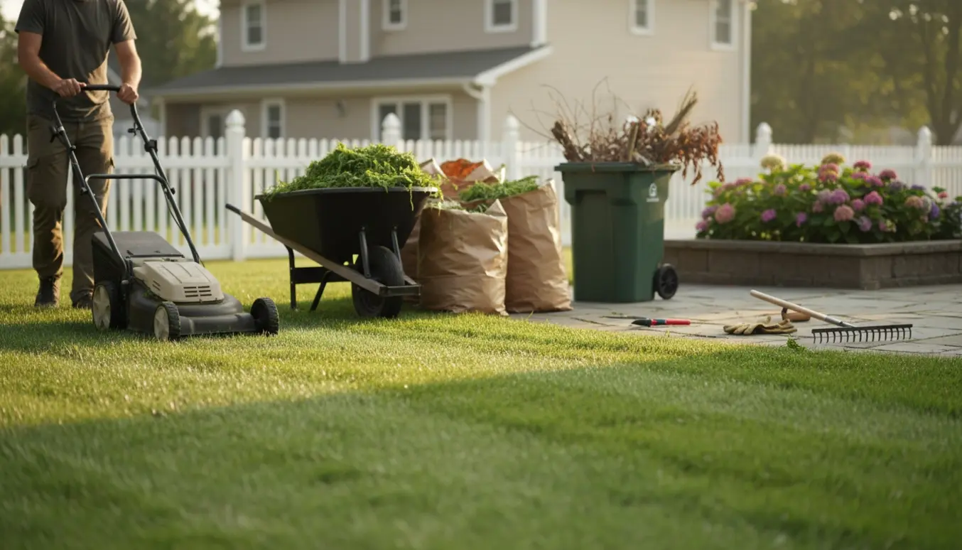 Nyklippet græs på en 300 m² have med plæneklipper, fyldte haveaffaldssække og en trillebør.