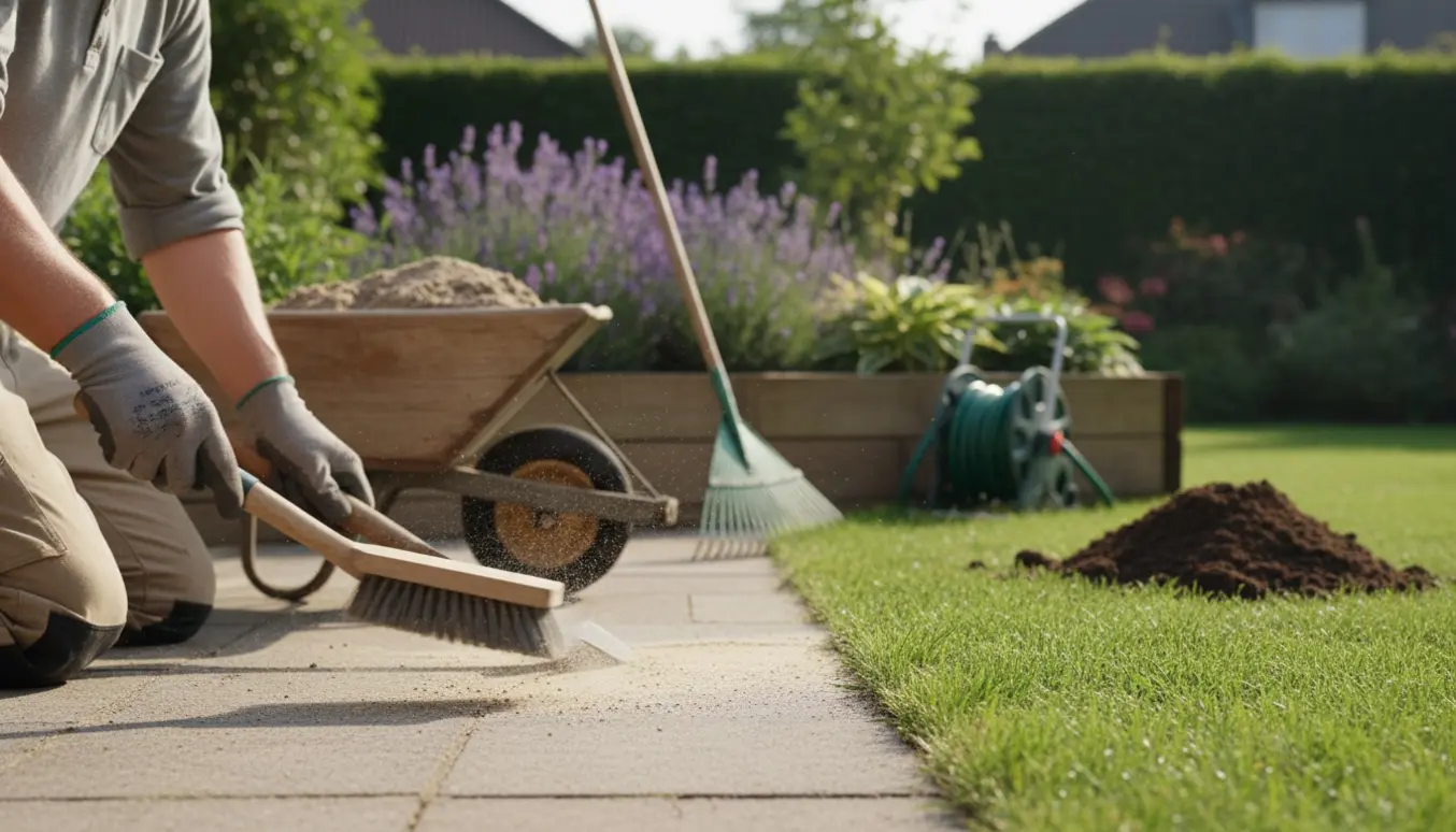 Handskerede hænder fjerner sand fra græsplænekant med spade og kost, med trillebør og haveværktøj i baggrunden.