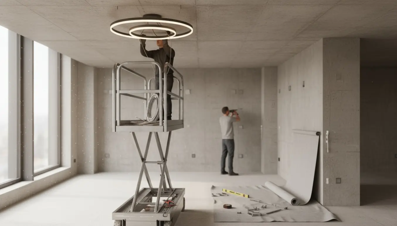 Montør på lift fæstner en loftslampe, mens en anden borer i betonvæg for at montere et rullegardin.