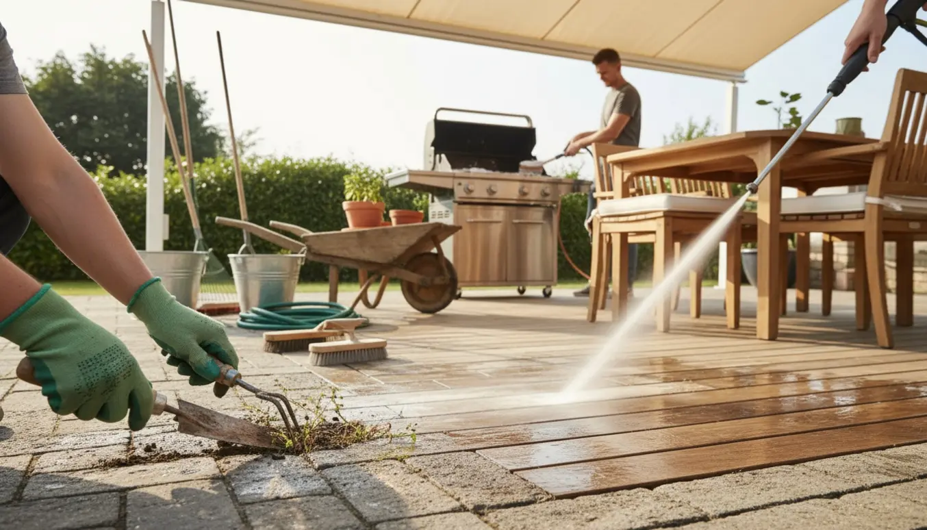 Hænder rengør terrasse og havemøbler med højtryksrenser og børste i en solbeskinnet baghave.
