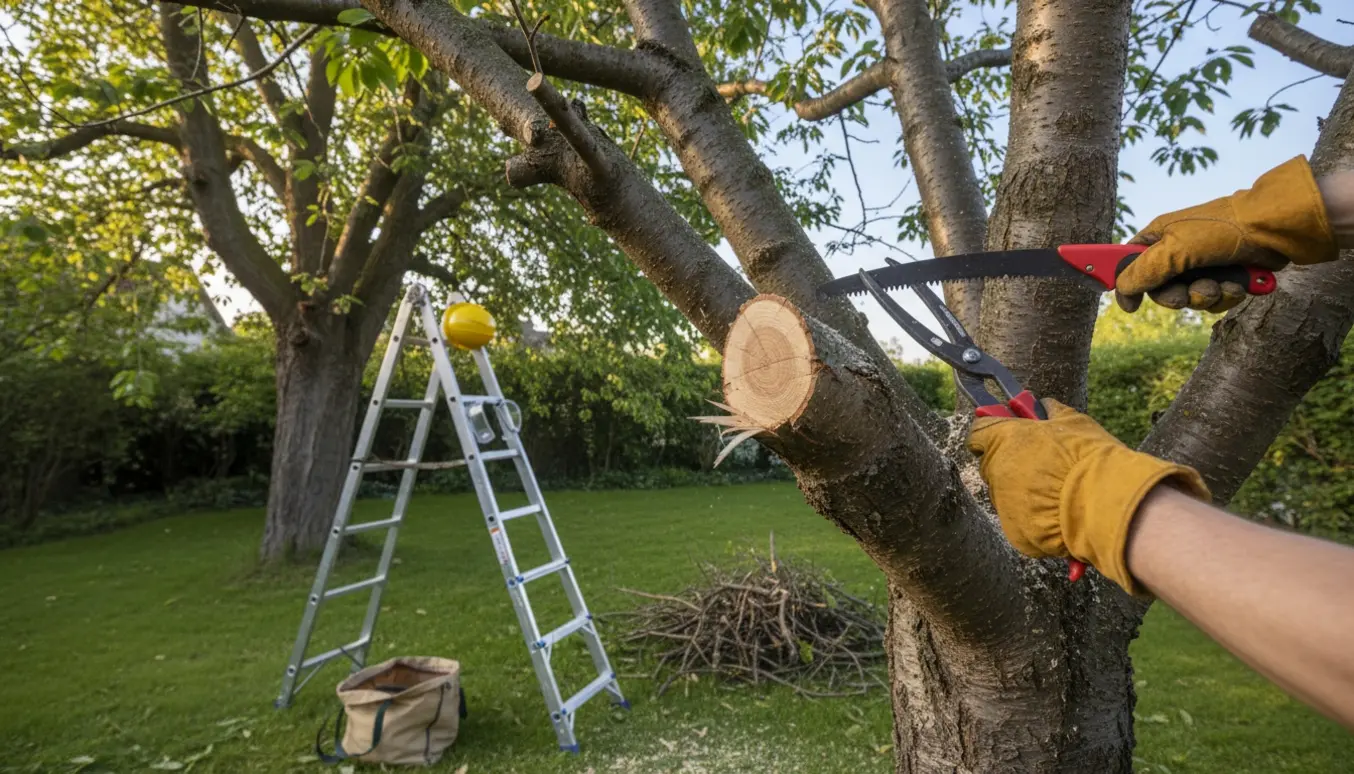 Beskæring af et kirsebærtræ og et nærtstående træ med døde, knækkede grene, håndværktøj og en stak afskårne grene.
