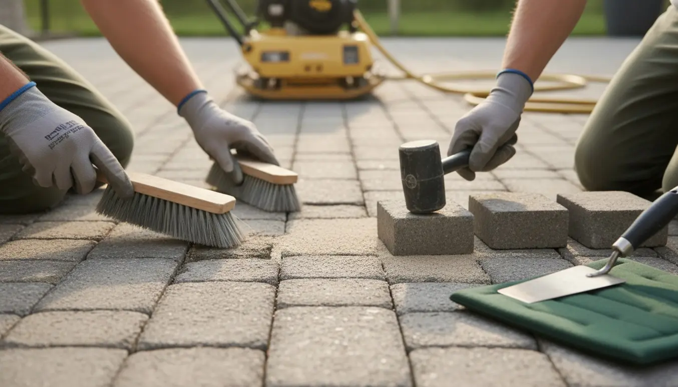 Nærbillede af hænder, der fejer nyt flisessand ned i fuger på en Herregårdssten-terrasse ved trappetrin.