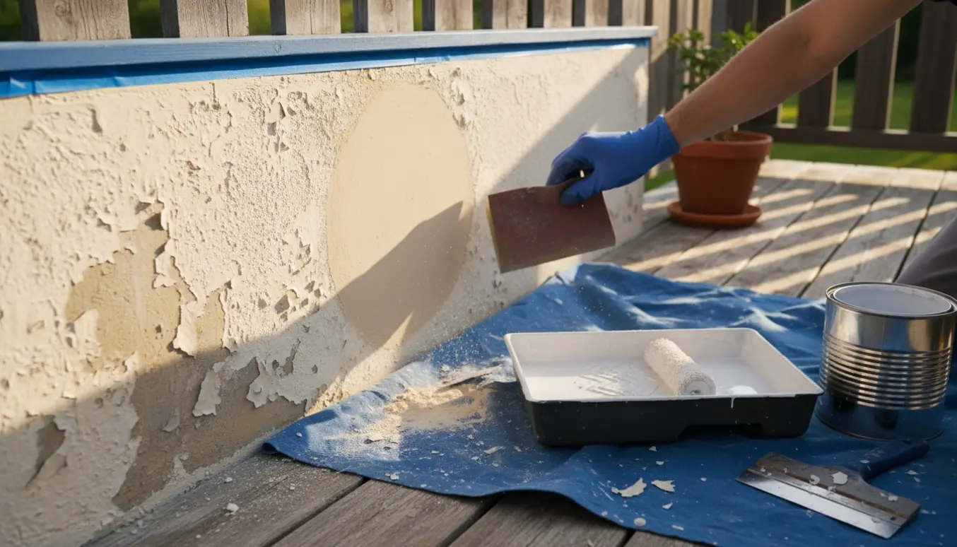 Nærbillede af en lille altanmur med flosset maling, sandpapir og frisk hvid maling klar til opmaling.