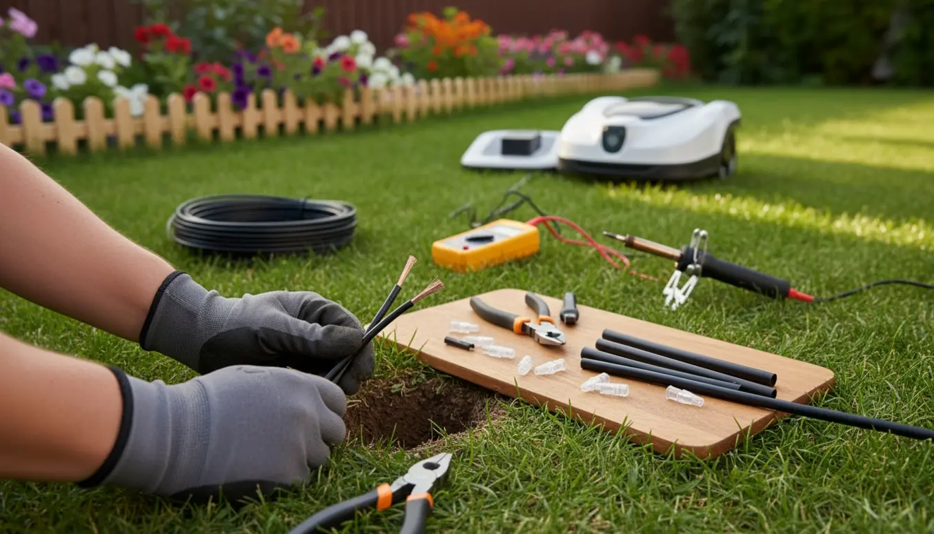 Hænder, der reparerer et afbrudt kabel til en robotplæneklipper i en have.