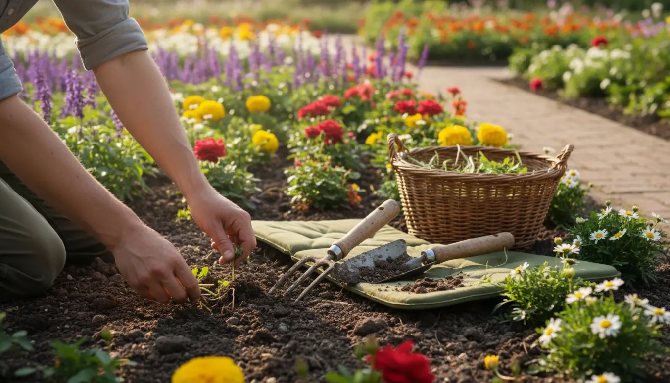 Nærbillede af hænder, der luger et blomsterbed med håndredskaber og en lille bunke ukrudt i solrigt havebillede.