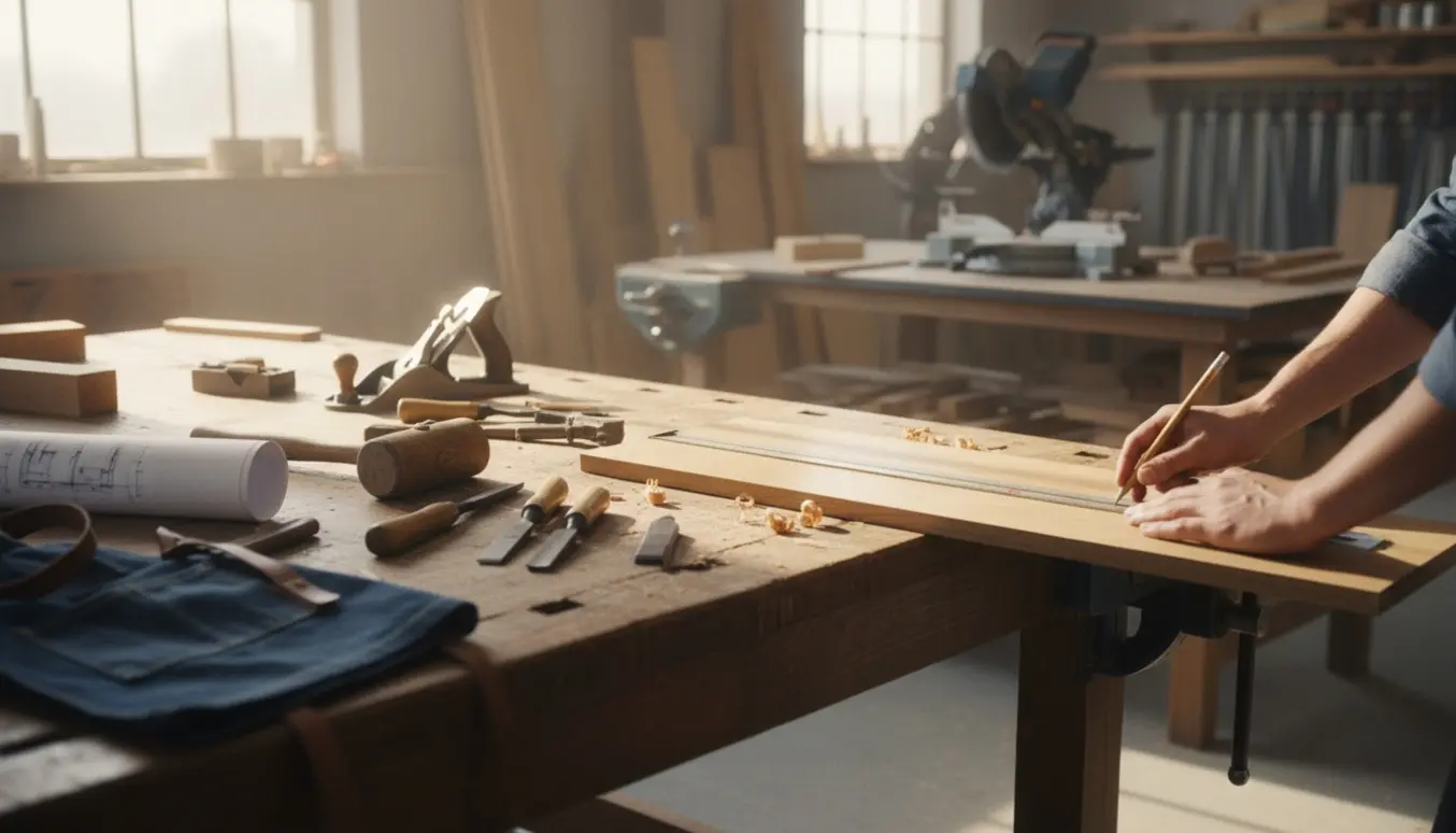 En lærlingstømrer måler og markerer et egetræsbræt på et solbelyst værksted med værktøj og træspåner.