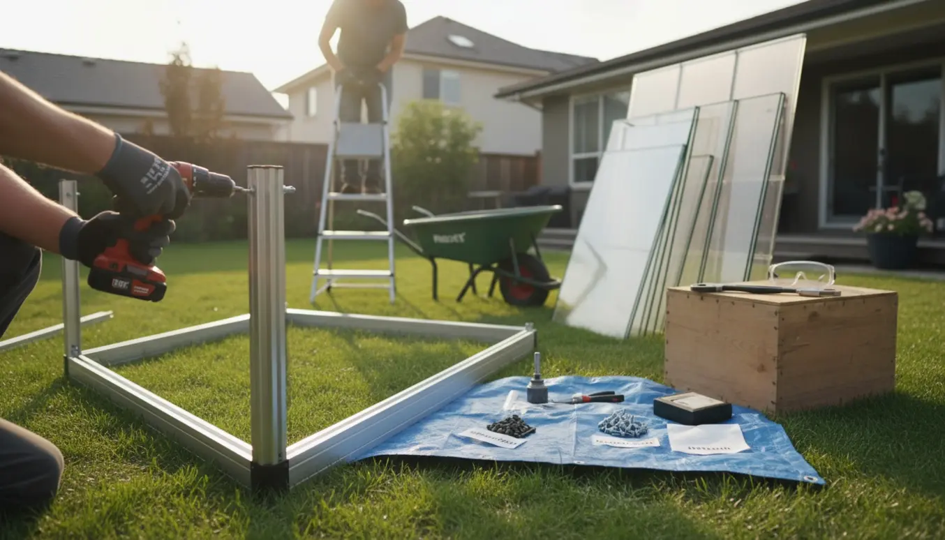 Hænder fjerner skruer fra et drivhus i haven med stakke af paneler og værktøj ved siden af.