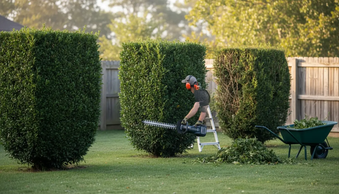 En person trimmer tre hække i haven med en elektrisk hækklipper, en hæk er klippet på begge sider og toppe, de andre på én side og toppen.