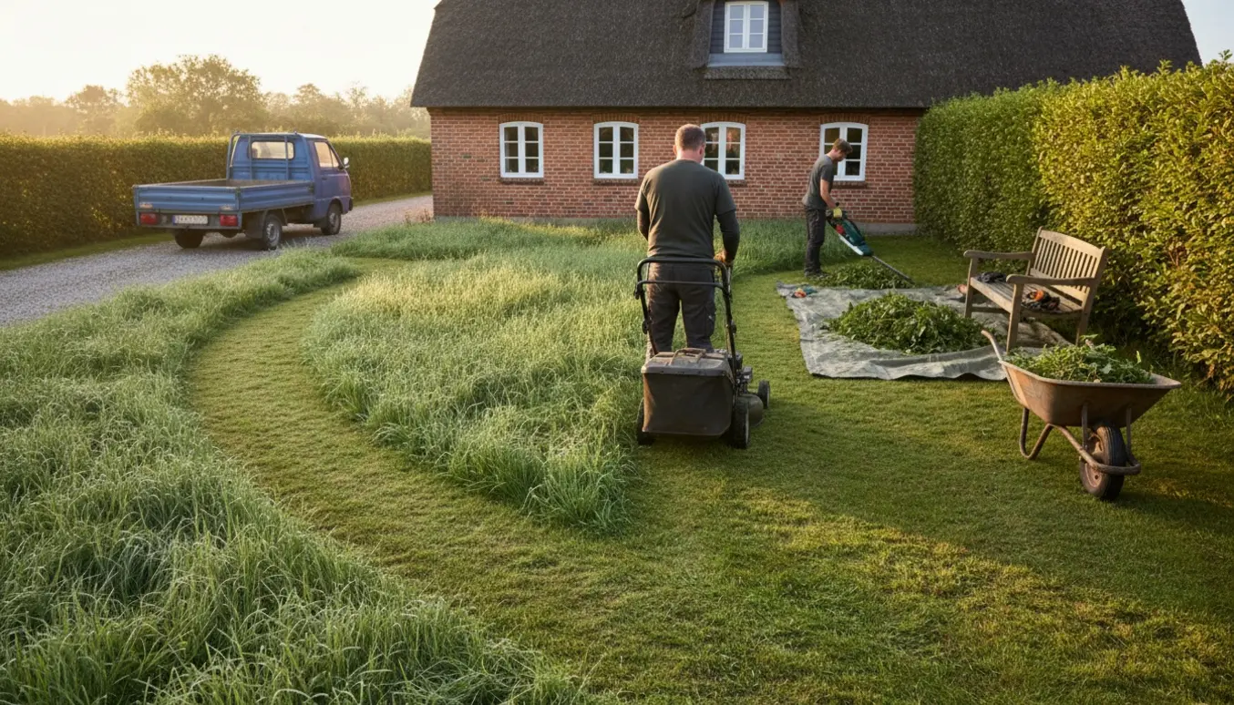 Personer klipper høj græsplæne og trimmer hæk foran et hus med trillebør og hækkeaffald klar til bortkørsel.