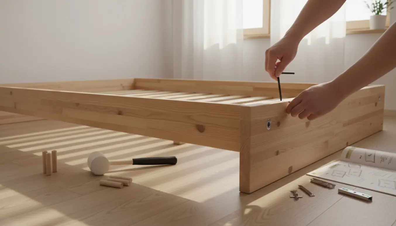 Hænder samler en Neiden fyrretræsseng i et lyst, minimalistisk soveværelse.