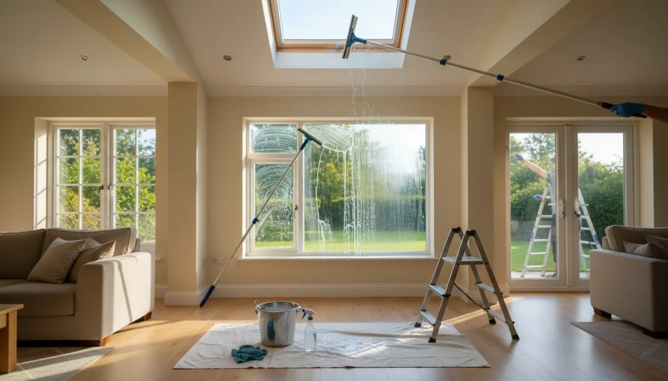 Gloved hænder rengør indvendigt og udvendigt glas med skraber, klud, spand og stige, inklusiv Velux ovenlysvindue.