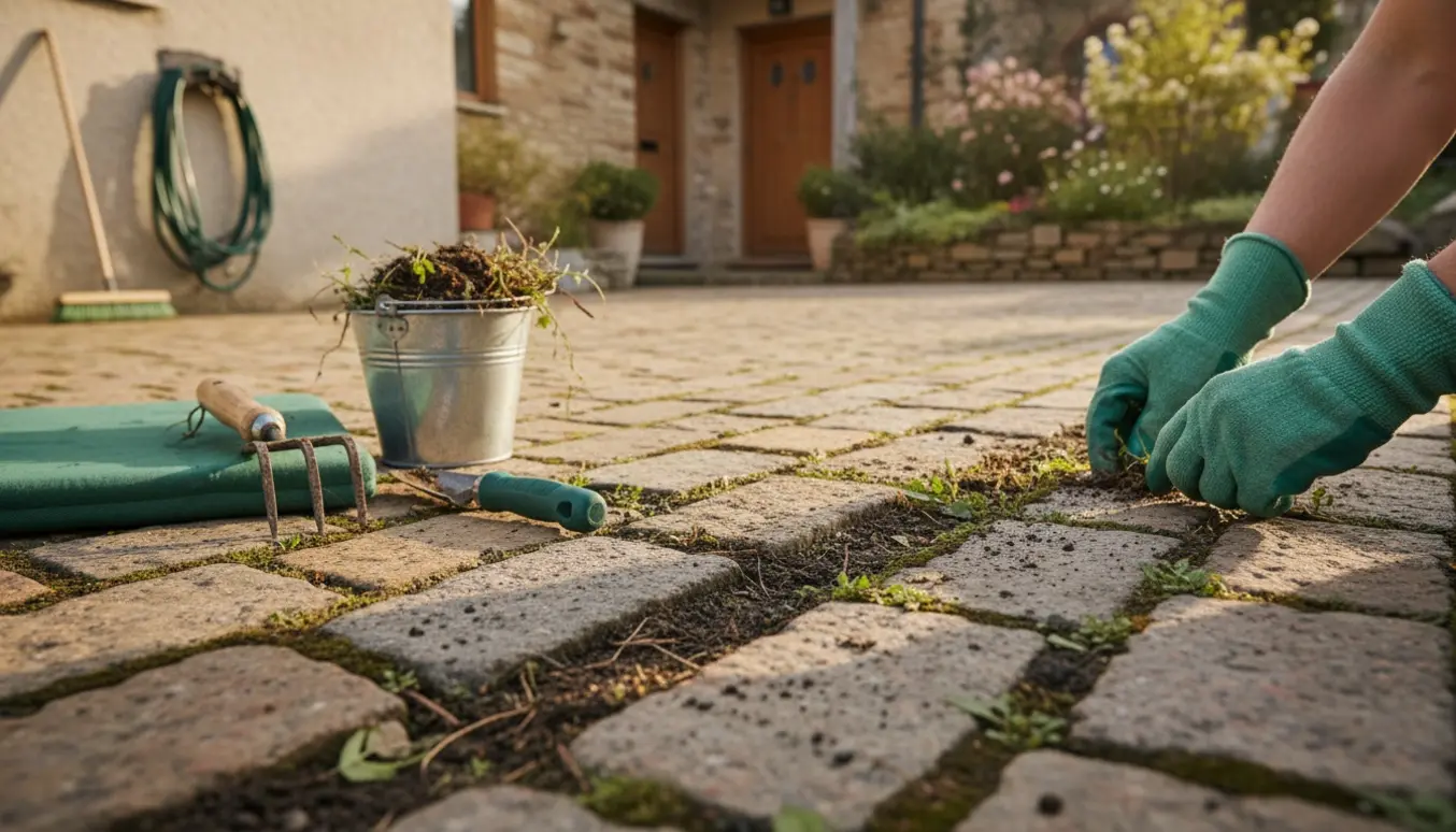 Hænder i handsker trækker ukrudt op mellem fliserne i en indkørsel med en spand fyldt med ukrudt.