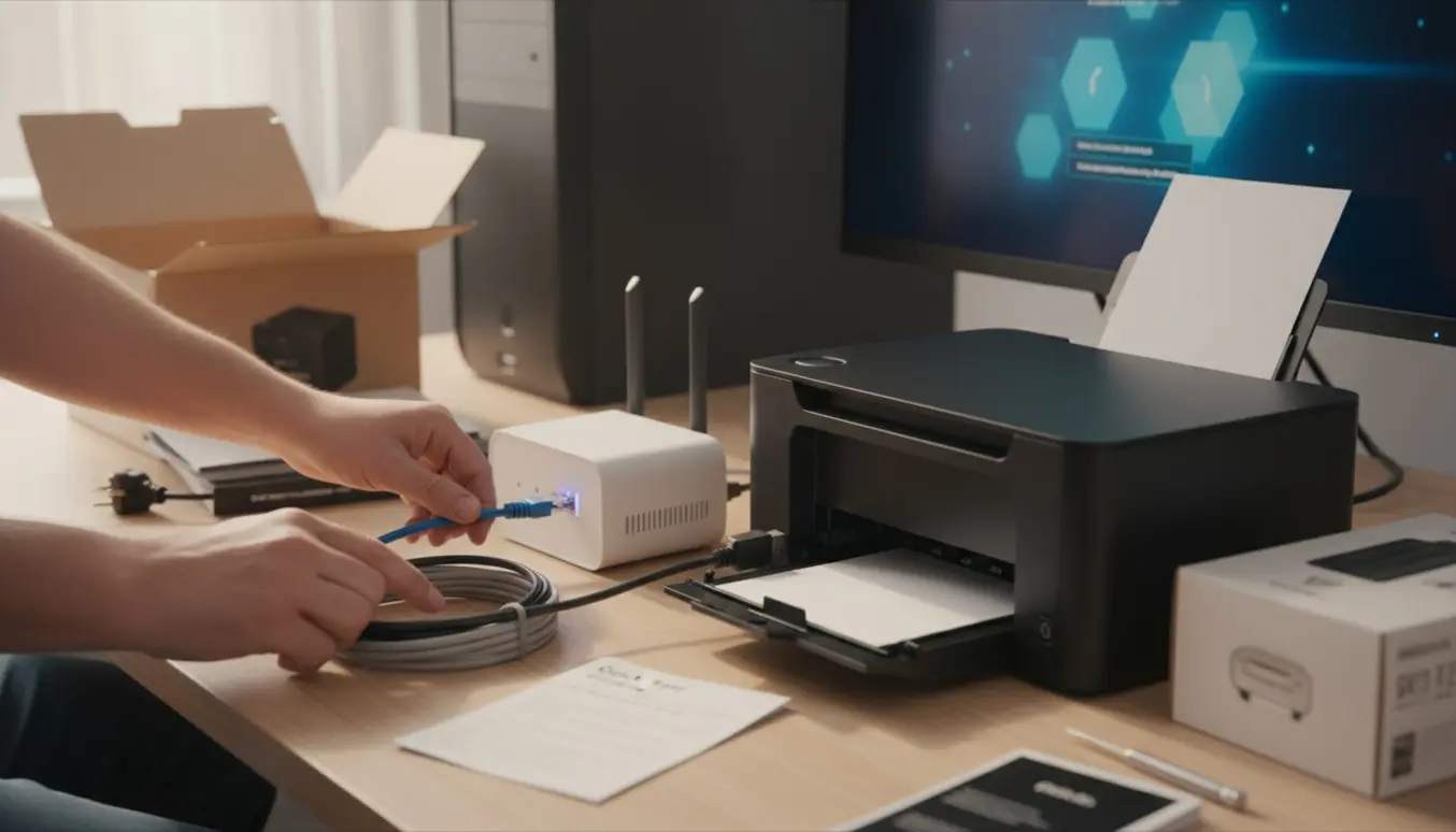 Hænder tilslutter kabler til en ny computer, printer og router på et ryddeligt skrivebord.