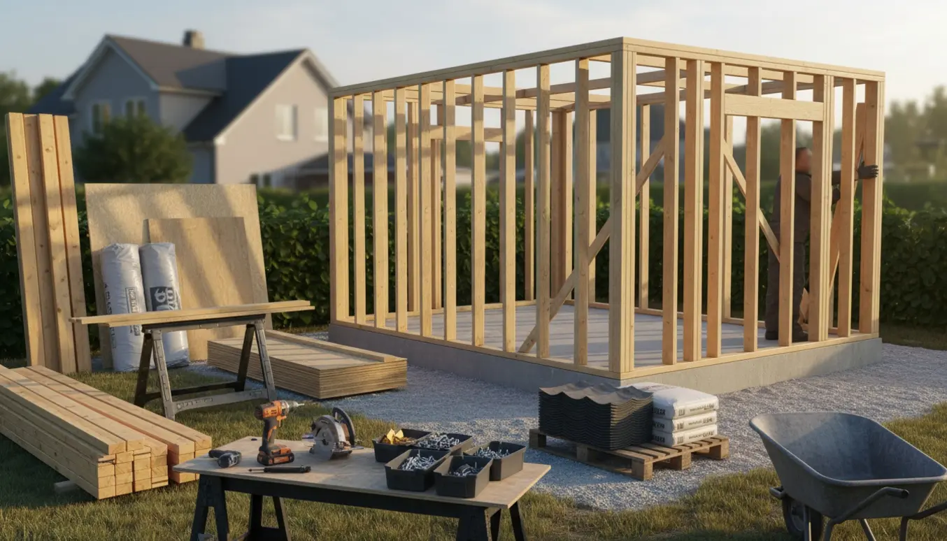 Et påbegyndt anneks på cirka 15 m² i baghaven med træskelet, byggematerialer og værktøj samlet klar til opbygning.