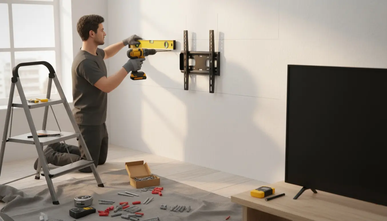 Person på stige justerer vaterpas mens rawlplugs, boremaskine og hylde ligger klar til ophængning.