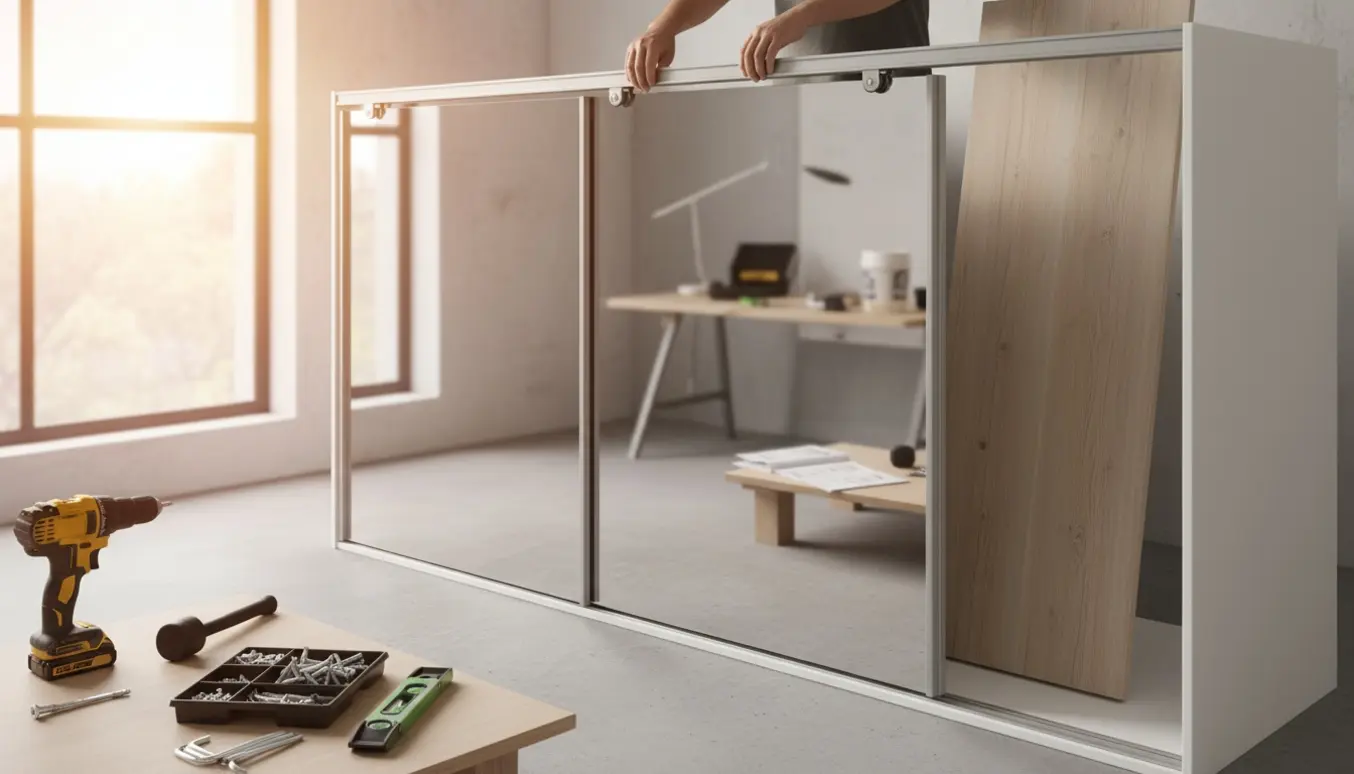 Montering af skydelåger på et hvidt IKEA-garderobeskab i et lyst rum.