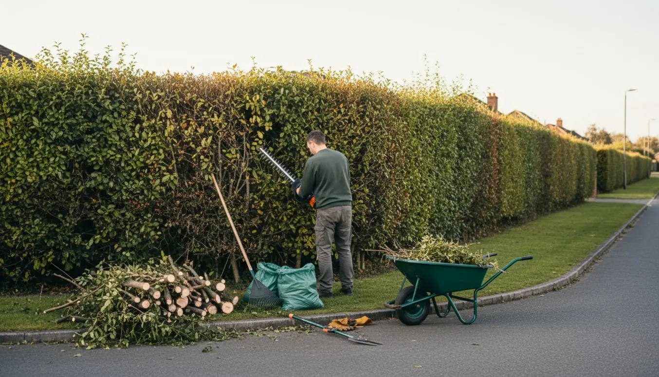 Hæk på hjørnegrund bliver klippet, og grenaffald samles i trillebør og sække.