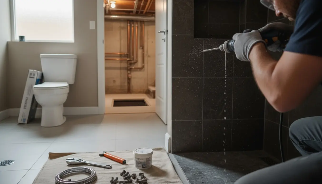 Håndværker borer i bruseniche for at montere sæbehylde med nyt toilet og åben adgang til kælder og synlige rør i baggrunden.