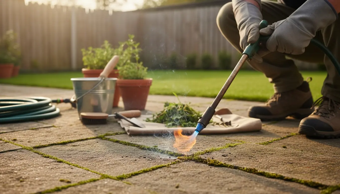 Person fjerner ukrudt mellem havefliser med en ukrudtsbrænder, set fra siden uden tydeligt ansigt.
