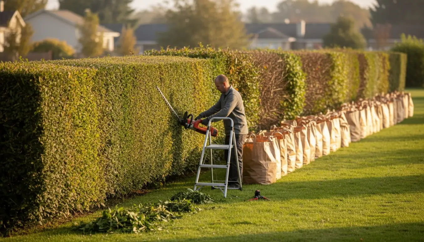 Lang havehæk bliver klippet ned med hækkeklipper, afklippede grene samlet i brune papirsække langs græsplænen.