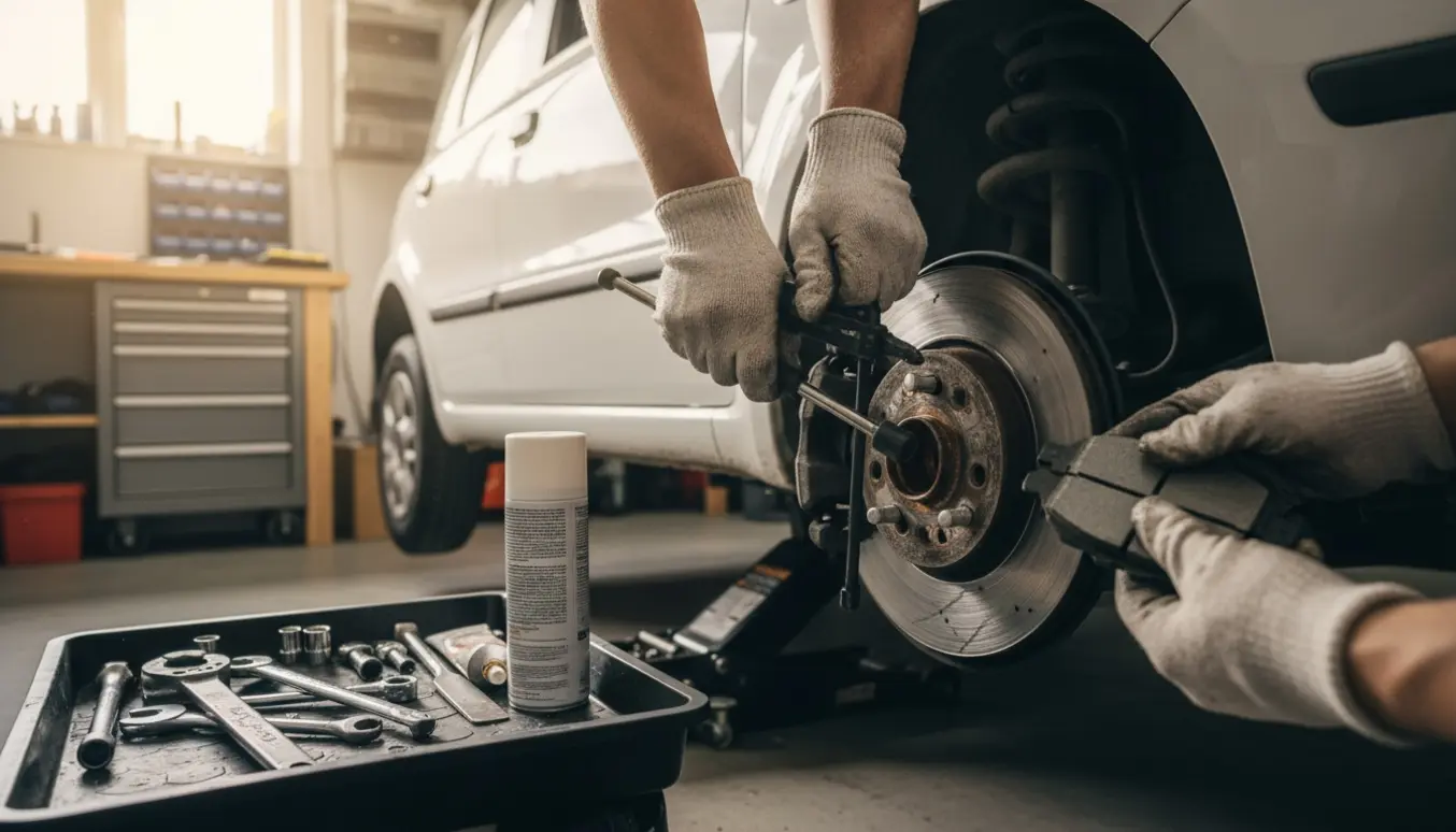 Nærbillede af udskiftning af bremseklodser foran på en Fiat Panda (2010) i en garage.