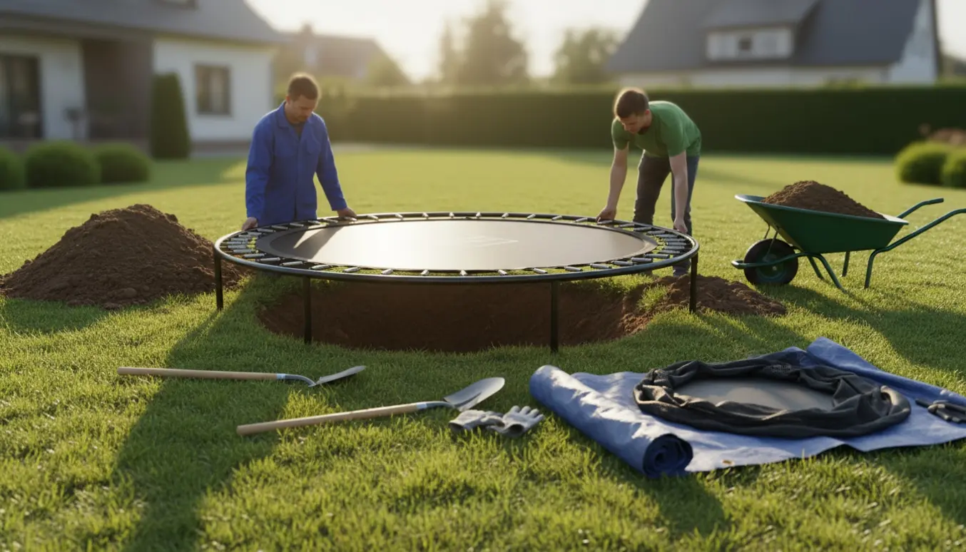 Halvgravet 3 m trampolin i forhaven med skovle, trillebør og jordbunke, to personer set bagfra uden tydelige ansigter.