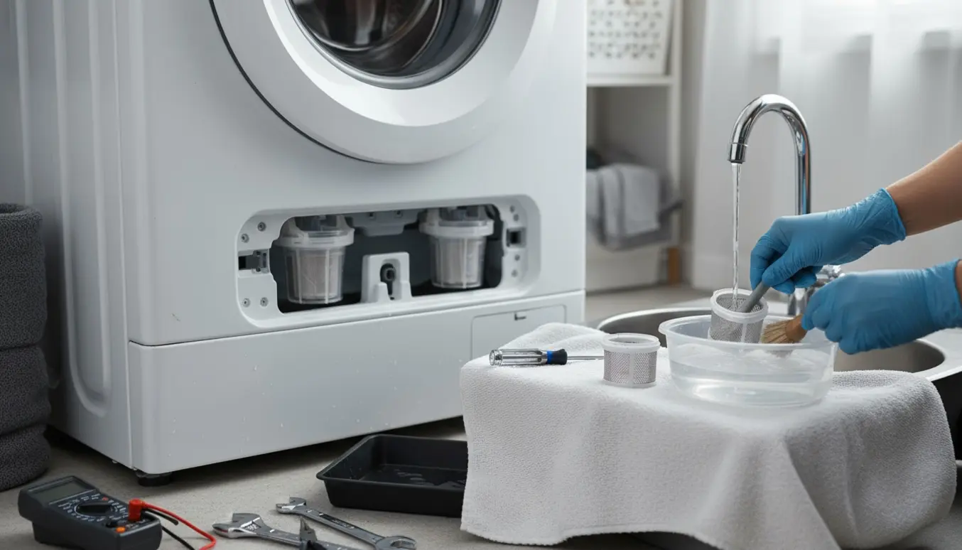 Åben vaskemaskine med afmonterede vandfiltre på en klud, hænder rengør filtre ved en vask, omgivet af værktøj i et lyst vaskerum.