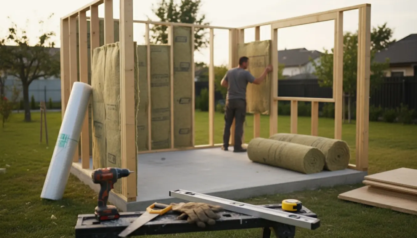 Isoleret udhus under opførsel i en baghave med værktøj og isoleringsmaterialer.