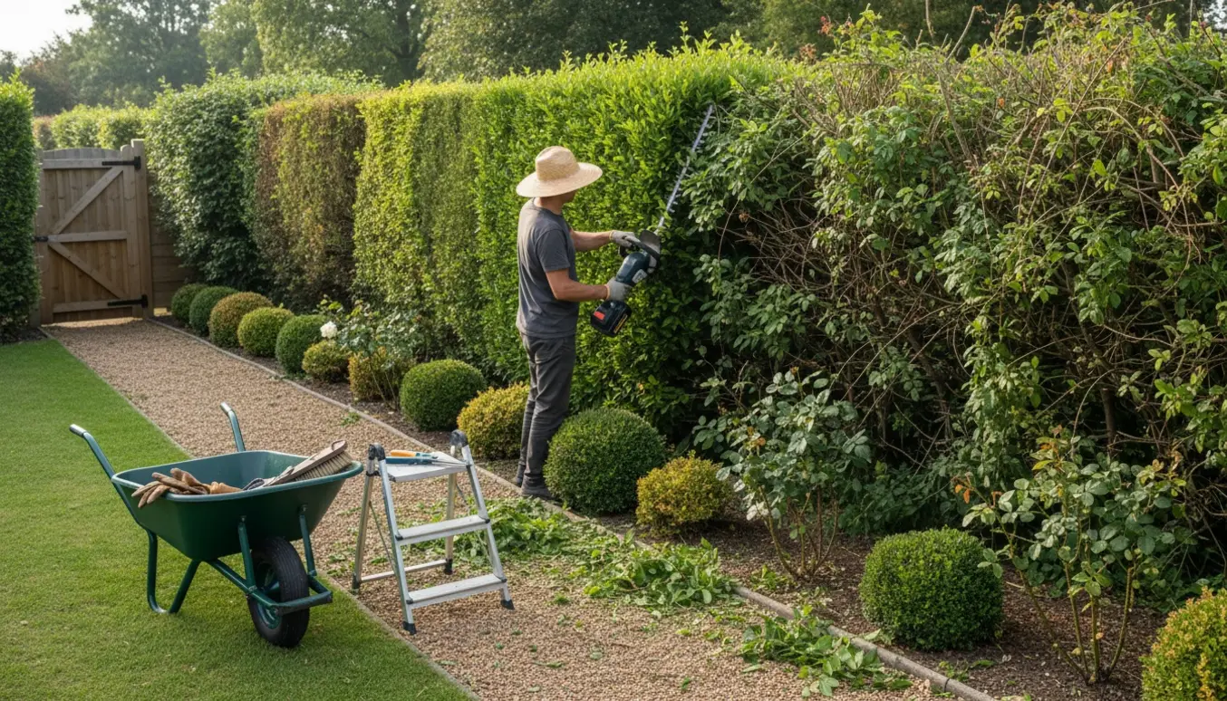 Person klipper en lang hæk og beskærer buske i en solrig have, med kliprester omkring.