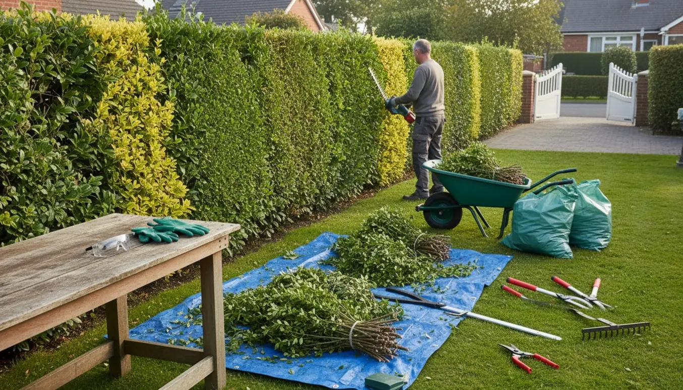 Person set bagfra trimmer en lang ligusterhæk med bunker af afskårne grene og en trillebør til bortskaffelse.