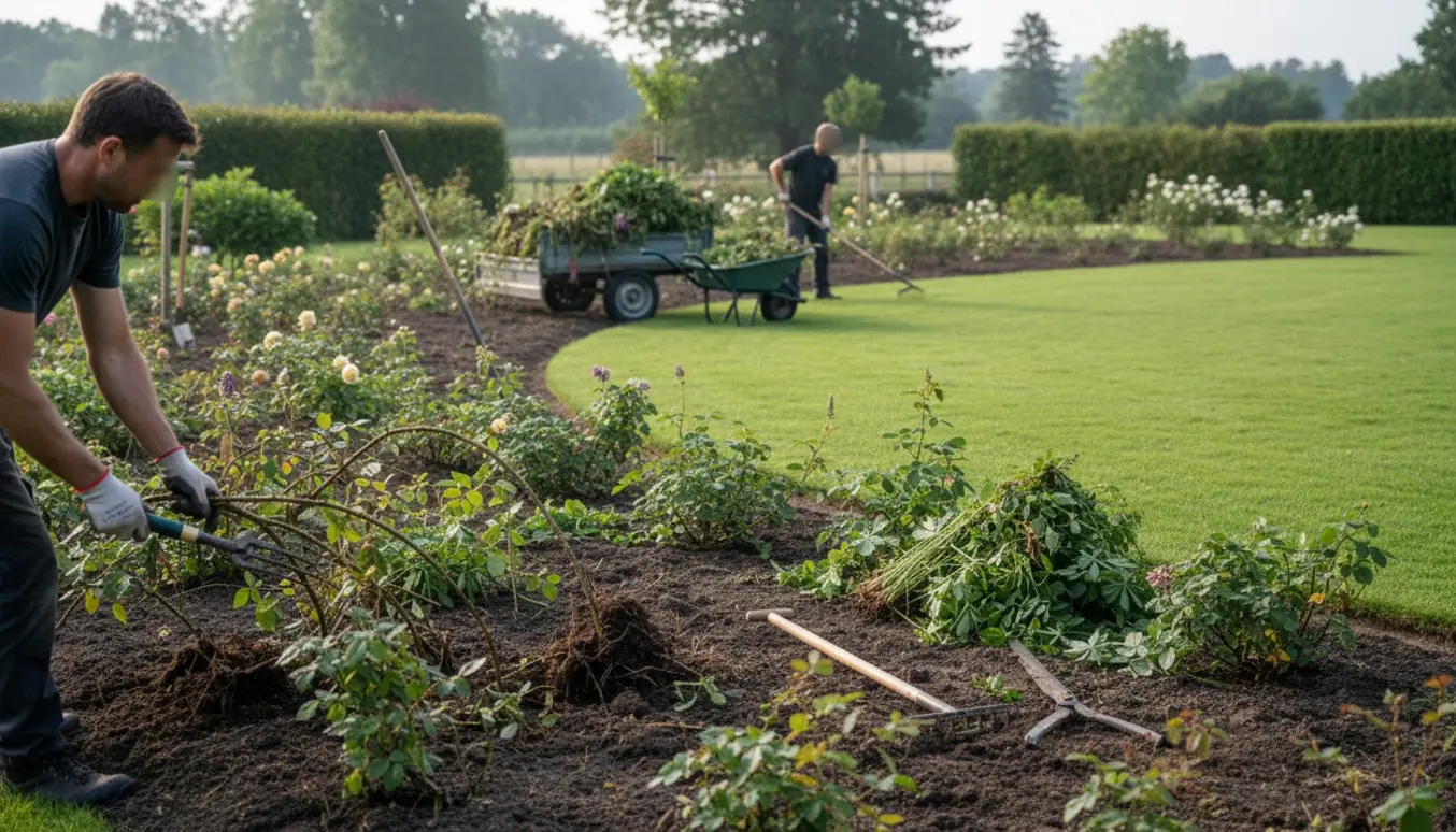Håndlugning i et stort forsømt bed med brombær, vildroser, redskaber og en trailer fyldt med haveaffald.