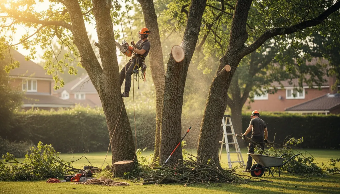 Arborister topkapper tre store egetræer i en have, med afsavede grene samlet i bunker.