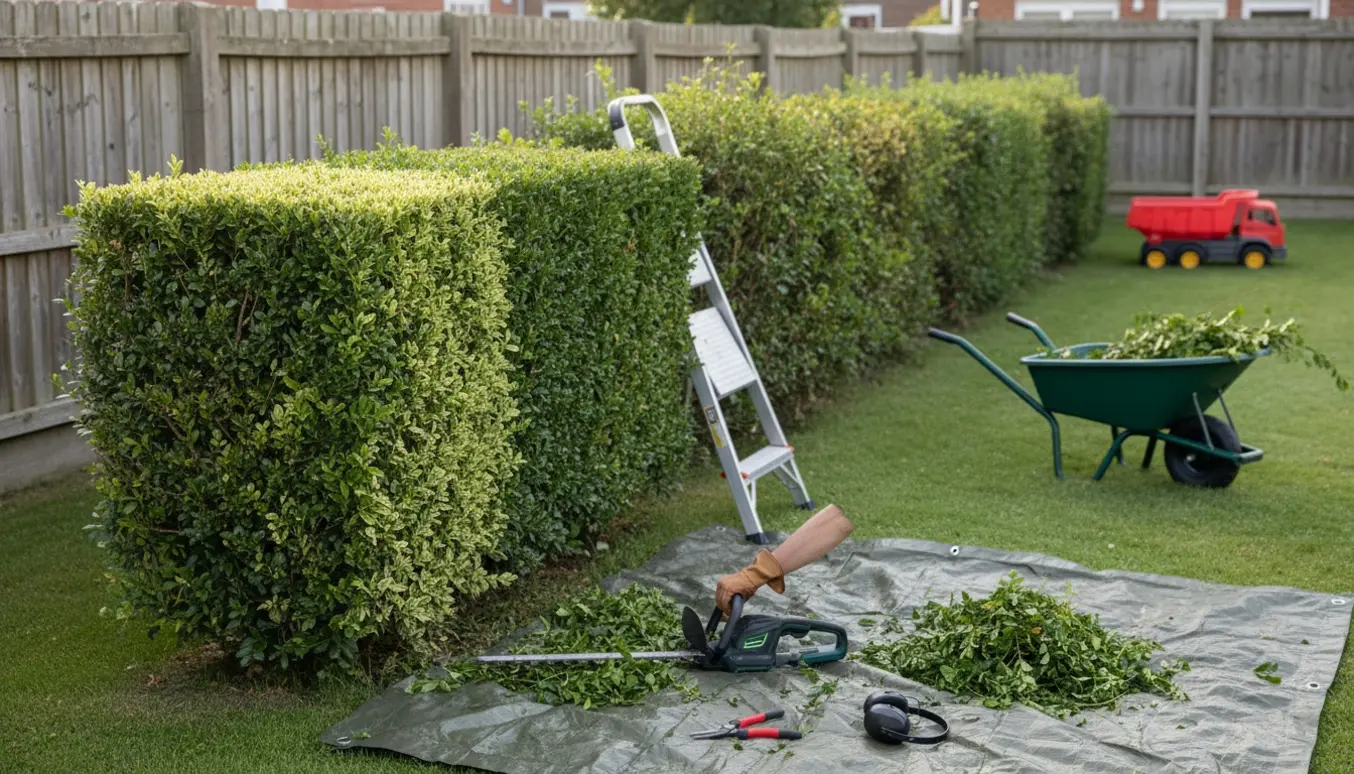Ligusterhæk klippes i forhaven med hækkeklipper, værktøj og en bunke nyklippede kviste i forgrunden.