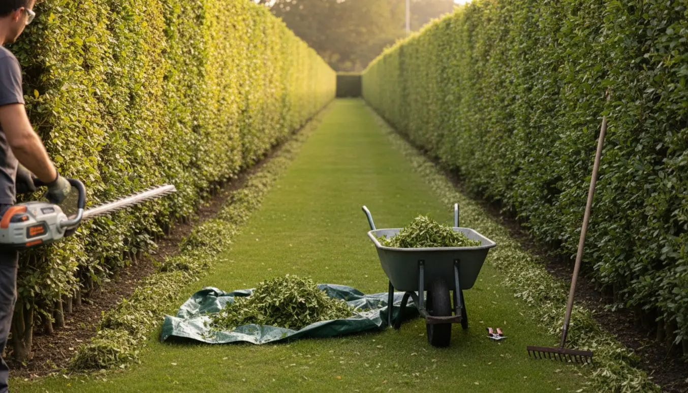 Lang, nyligt klippet hæk på begge sider og top med afklip samlet i skubvogn og på presenning.