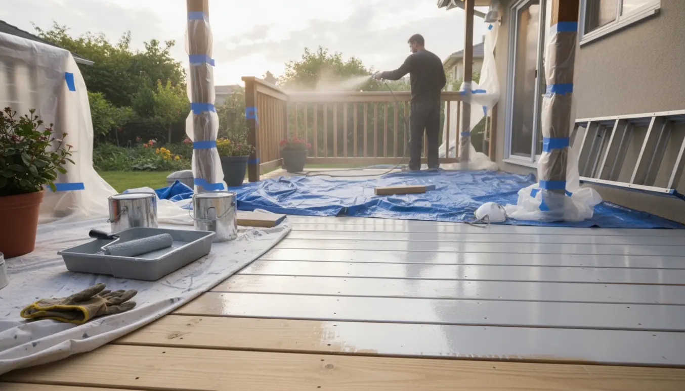 Halvmalet træterrasse med rulle på gulvet og sprøjtning af det lodrette gelænder, uden synligt ansigt.