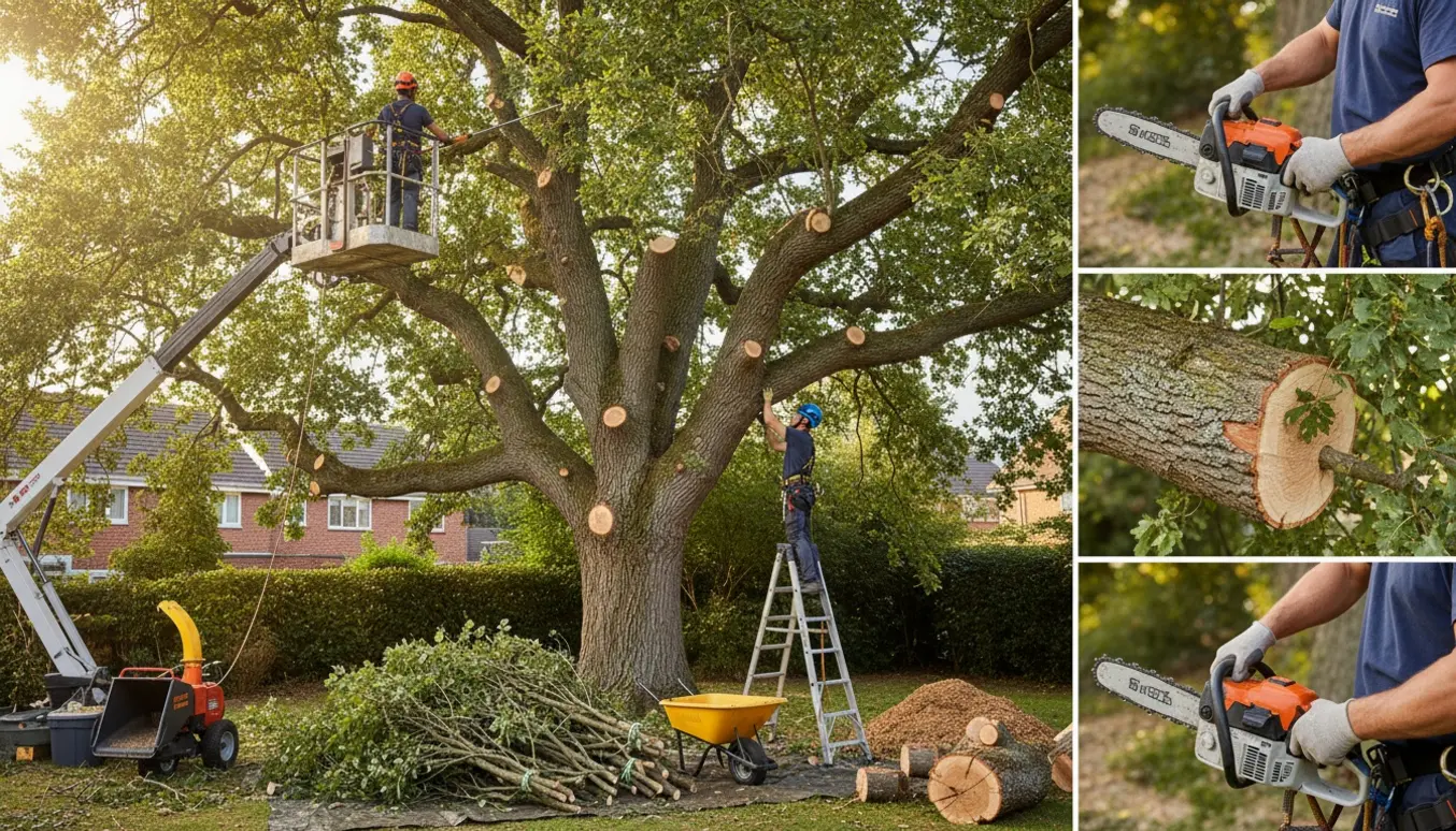 Arborister beskærer kronen på et ca. 10 meter højt egetræ, med motorsav, stige og opsamling af afklippede grene.