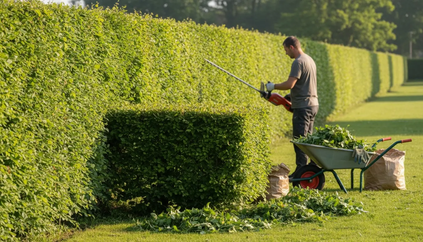Bøgehæk ved fællesareal, delvist nyslået med bunke af afklip og trillebør ved siden af.