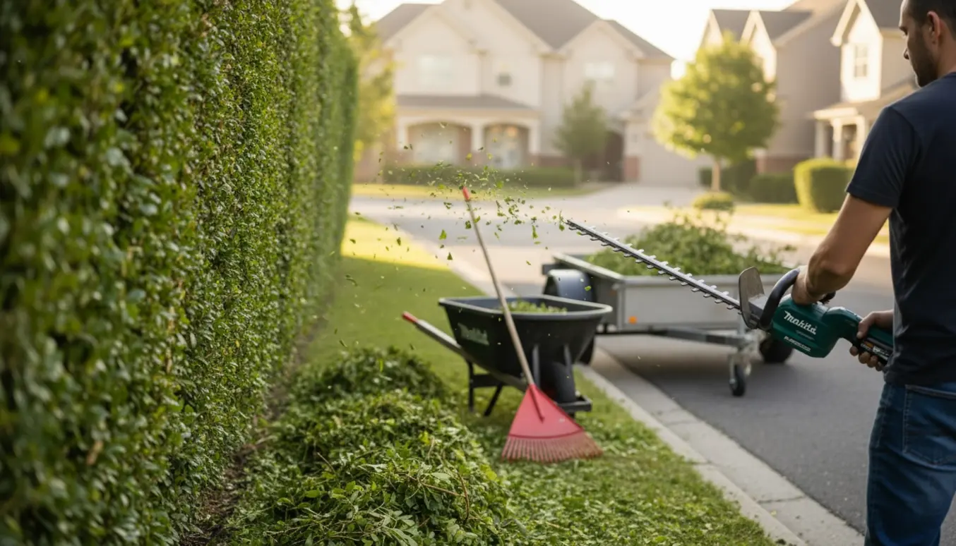 Person klipper hæk med batteridrevet hækkeklipper, trillebør og rive ved en villavej.