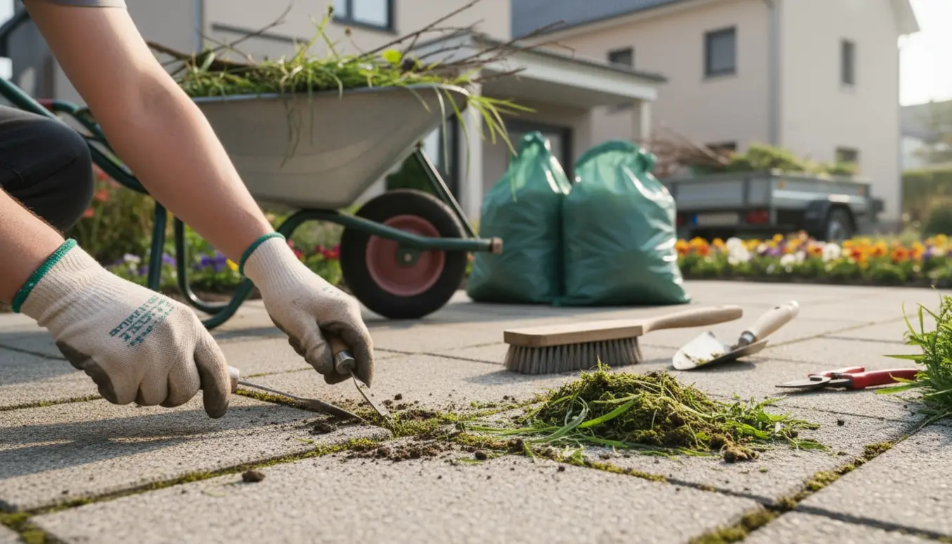 Hænder i havehandsker fjerner mos og ukrudt mellem fliser med en fugekniv, mens en trillebør med haveaffald står ved siden af.